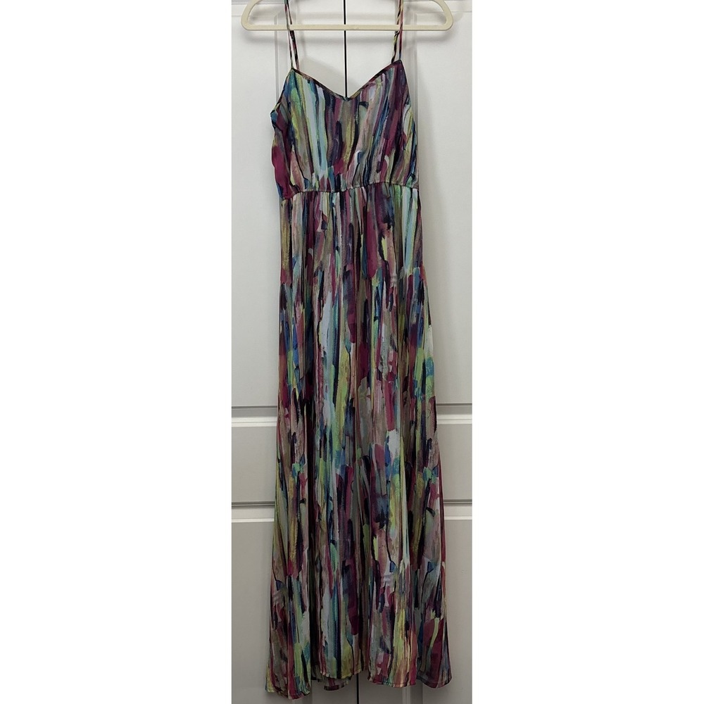 Womens Colorful Watercolor Print Maxi Dress Multicolor Spaghetti Strap V-Neck 2